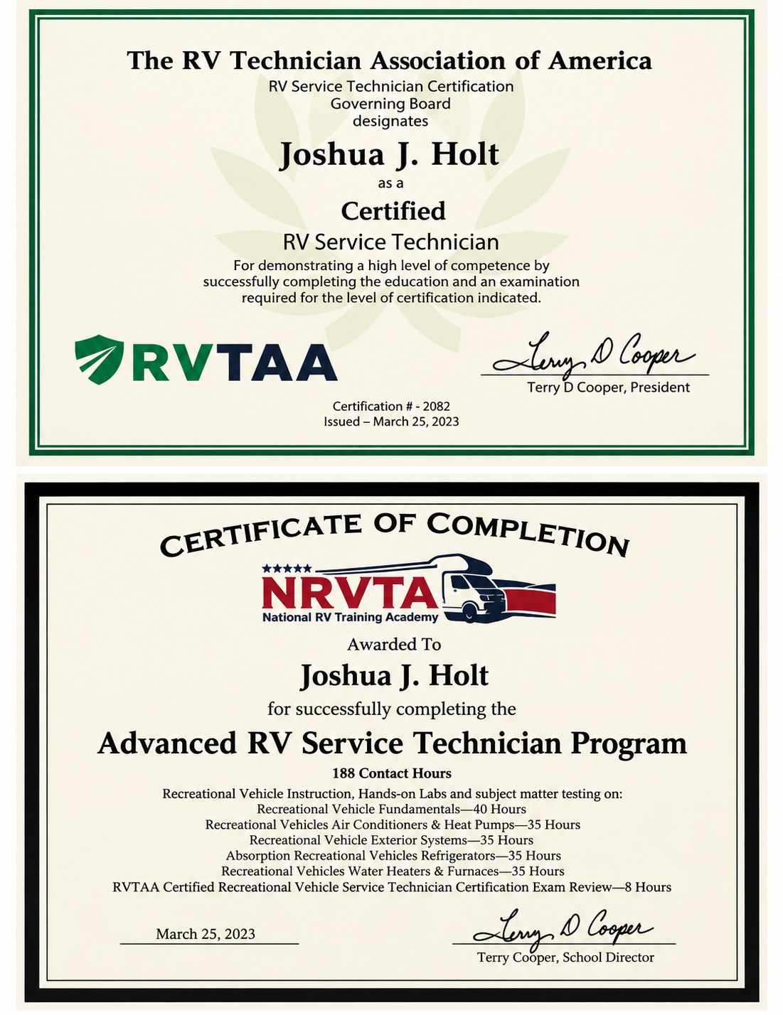Joshua Holt's RVTAA Certified RV Service Technician certificate and NRVTA Advanced RV Service Technician Program certificate